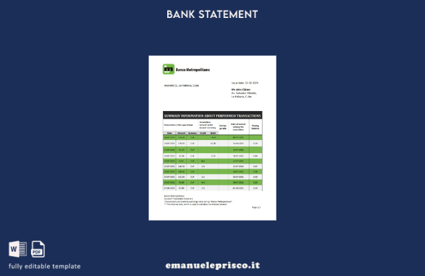 modello word di estratto conto bancario Cuba Banco Metropolitano in stile verifi